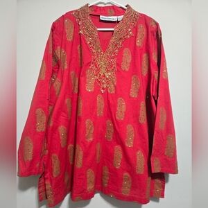 Denim 24/7 Red and Gold Beaded Seqin Tunic Top Size 1X